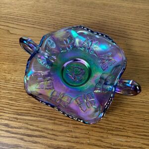 Fenton Iridescent Purple Carnival Glass Candy Dish with Handles Butterfly Rose